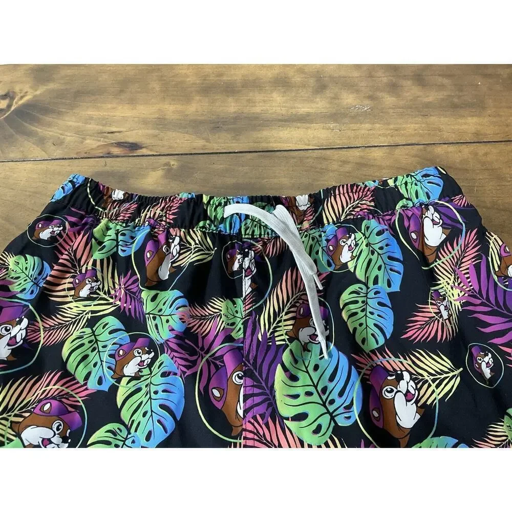 Buc-ees Swim Trunks Mens Size Medium Black Logo All Over Print Floral